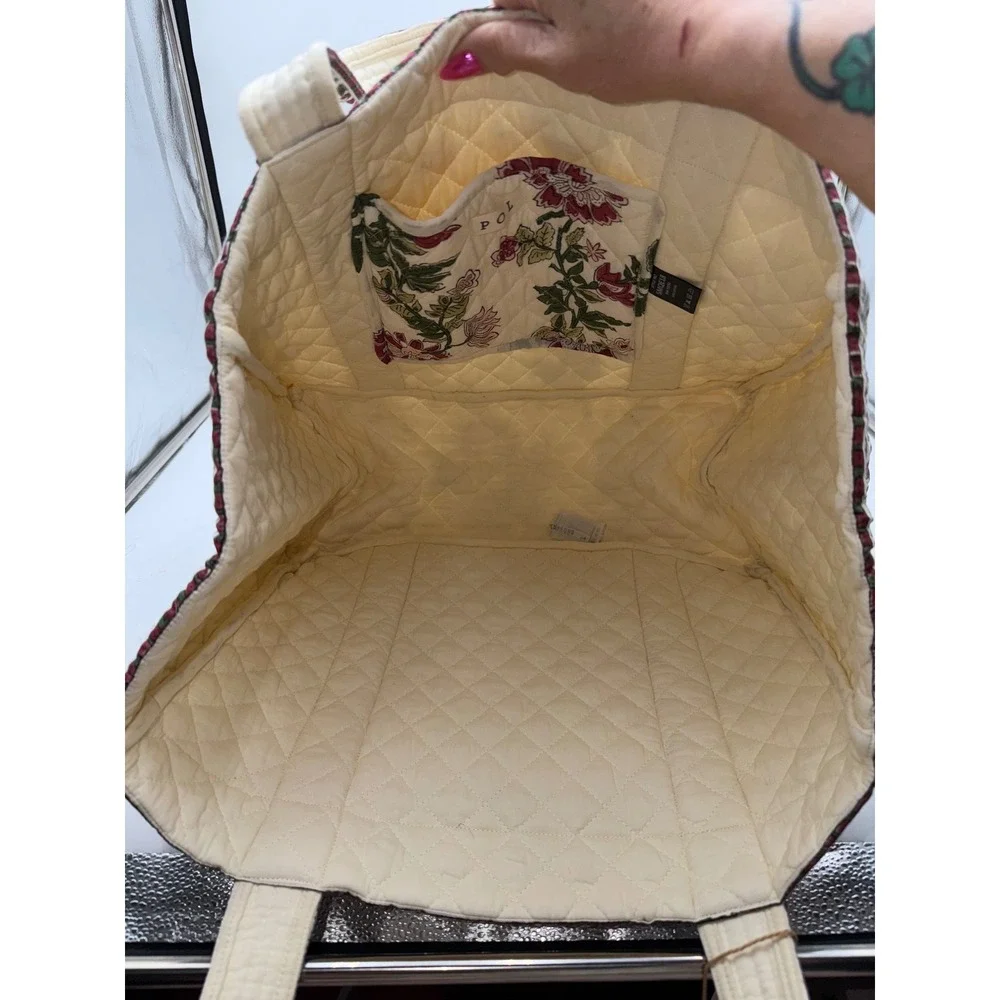 POL Hand Block Print Quilted Tote Bag Floral Cotton Cream Pink Green SMQE18 NEW - Picture 6 of 6